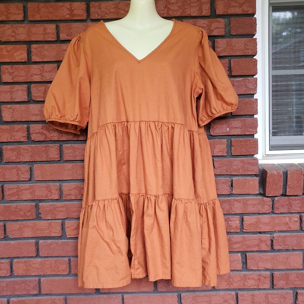 Tiered Cotton Dress Size L Puff Sleeve Burnt Orange ana A New Approach Boho